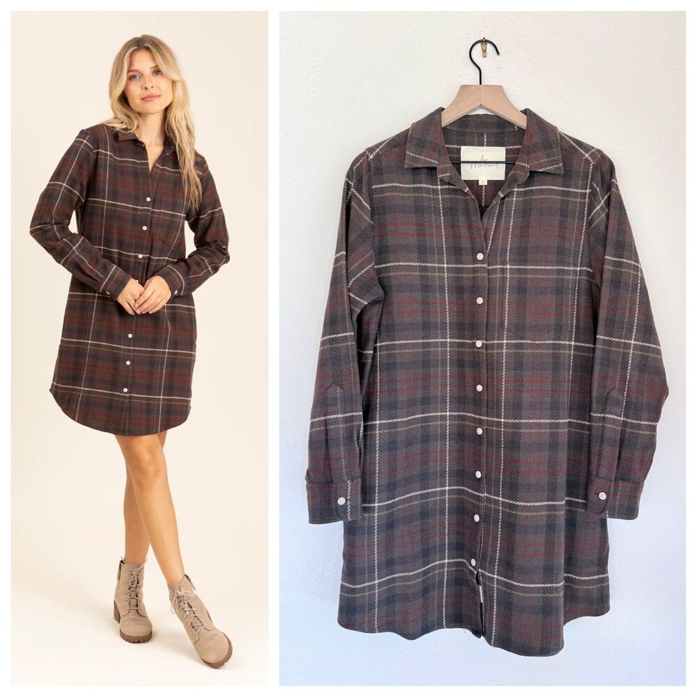 NEW Le Marais Wilmington Thick Flannel Shirt Dress in Bourbon Plaid Size Small